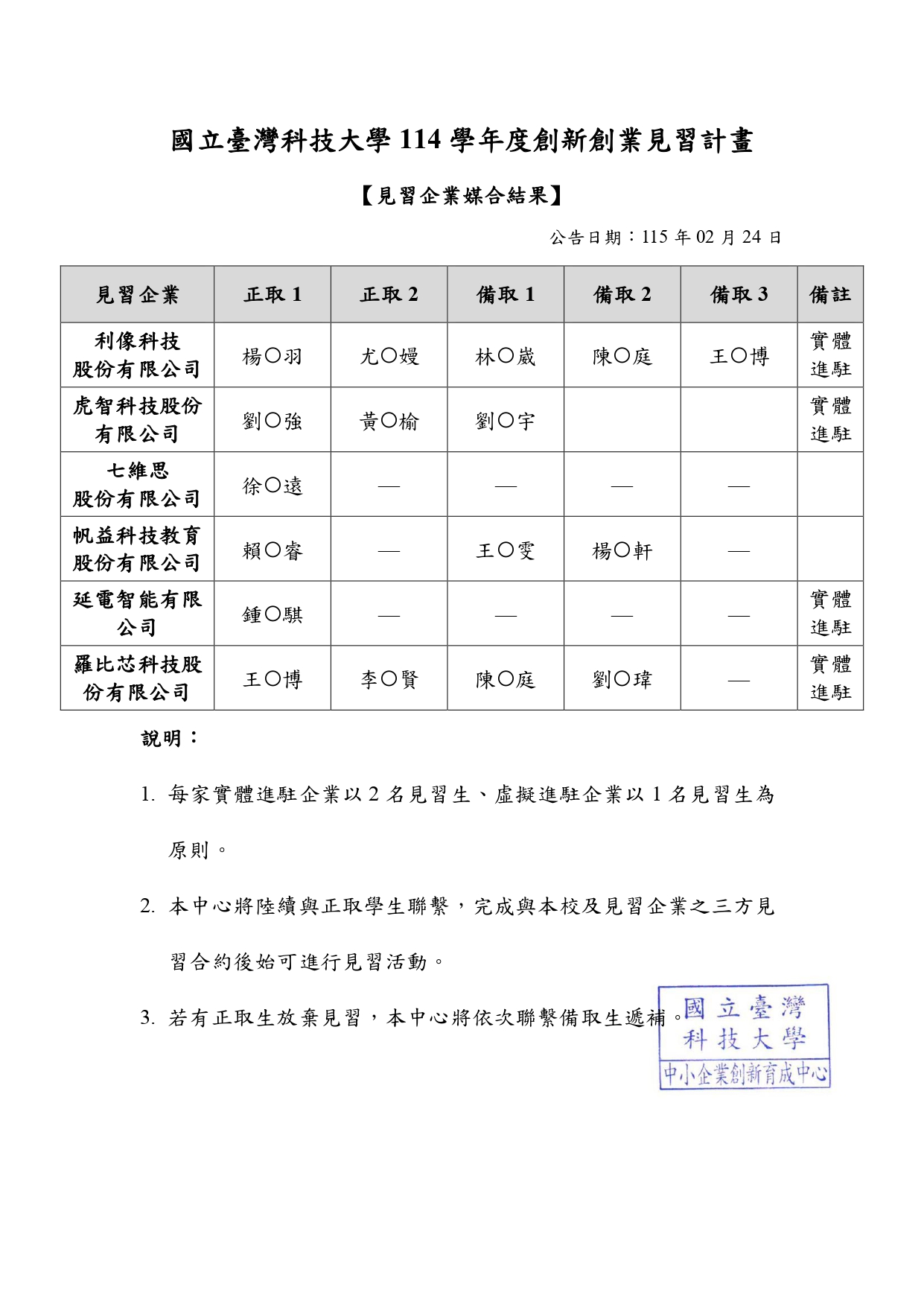 見習企業媒合結果公告(2026.02.24)